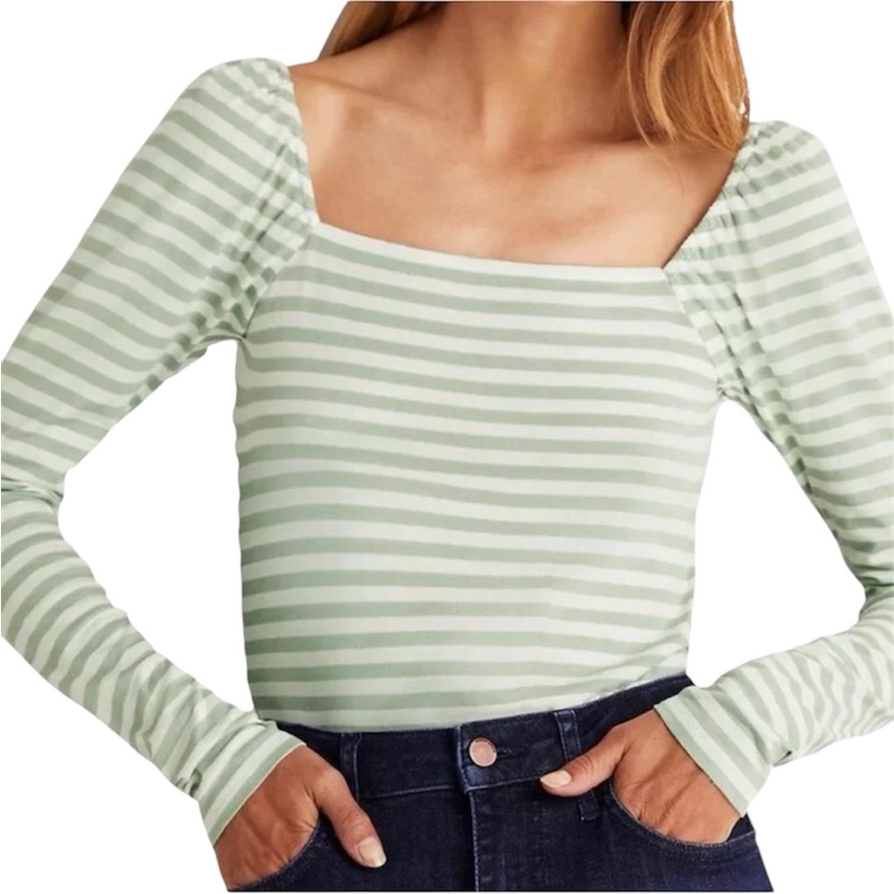 Boden Mint Green and White Striped Square-Neck Long Sleeve Top